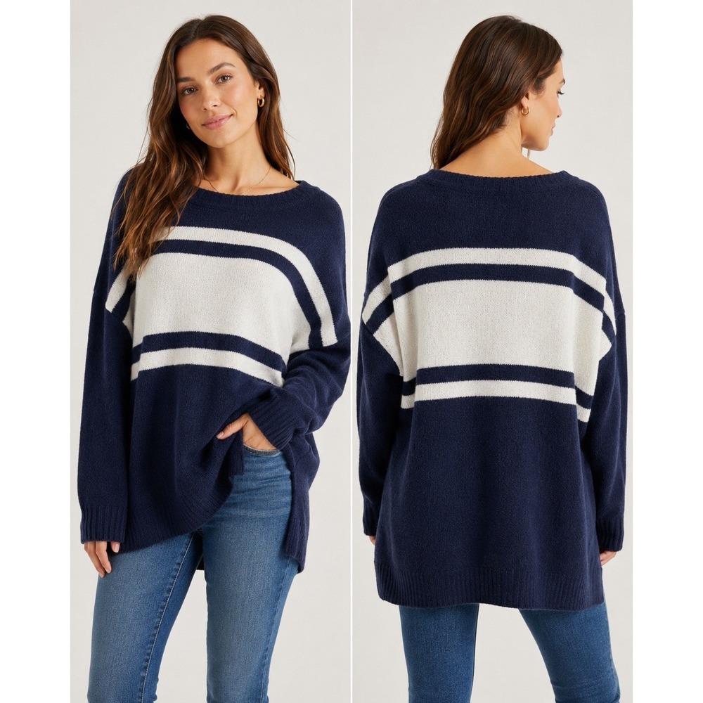 American Eagle Striped Oversized Crewneck Sweater Navy Ivory Slouchy Medium Cozy